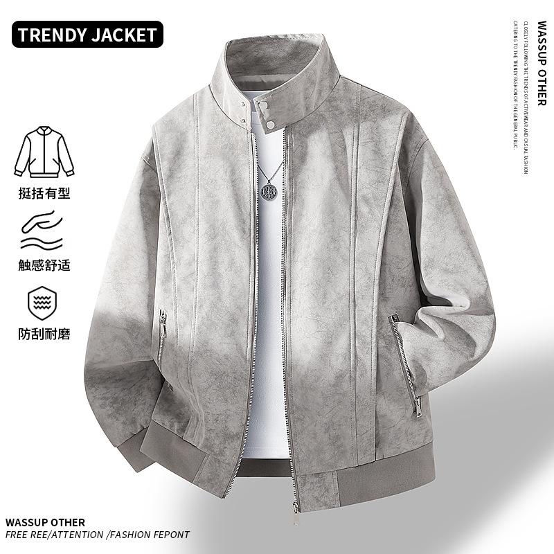 Light Luxury Men's Leather Jacket Suede Stand-up Collar Large Size Business Loose Douyin Explosive Leather Jacket Men