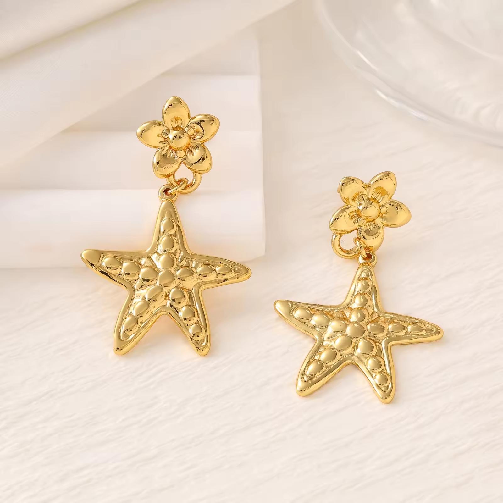 

Trendy 18K Gold Plated Stainless Steel Dangle Drop Earrings Fashionable Five-Pointed Star Waterdrop Geometric Shell