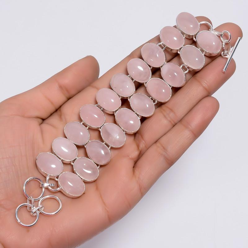 Outstanding Top Grade Qualite 100% Natural Rose Quartz Oval Shape Ethnic Style Handmade Jewelry 925 Steling Silver Bracelet 5-8" WSJ-4711