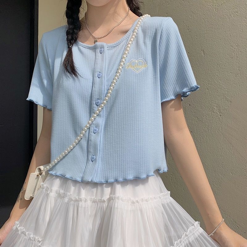 Summer Short Sleeve T-shirts Korean Loose Basic Female Clothing Fashionable Letter Embroidery Hotsweet Casual O-Neck Pullovers