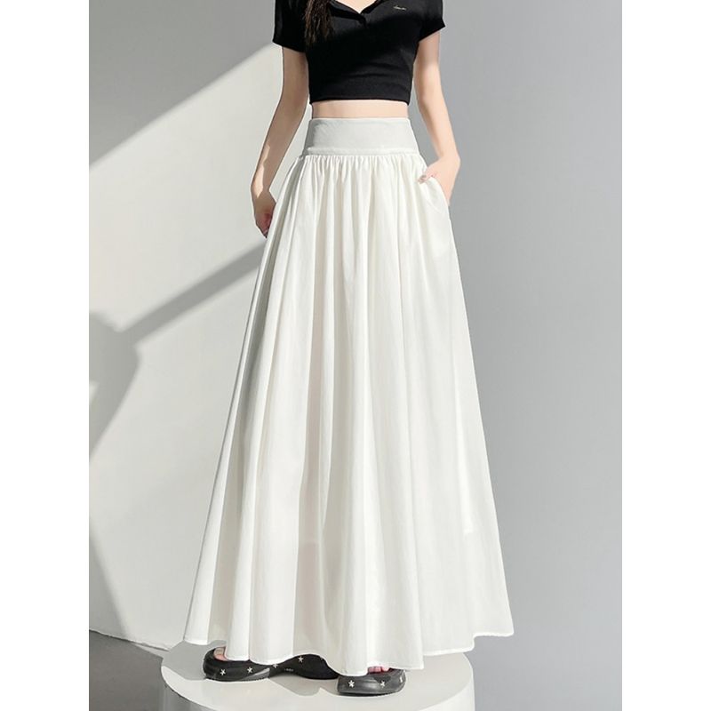 Kumikumi Minimalist Easiest for Match High Waist Pleated Skirt Women's Clothing Autumn Slimming Drape Younger Wide Hem Long Skirt