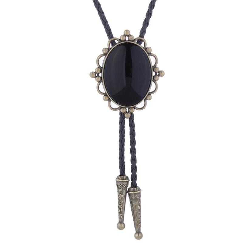 Handmade Vintage Jewelry Bolo Tie for Women Men Western Cowboy Artificial Leather Rope Necktie with Oval Stone Pendant