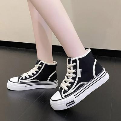 Women Autumn 2024 New Fashion Thick Platform Leisure Sports Shoe Black Sneakers Breathable Casual High Top Canvas Shoes