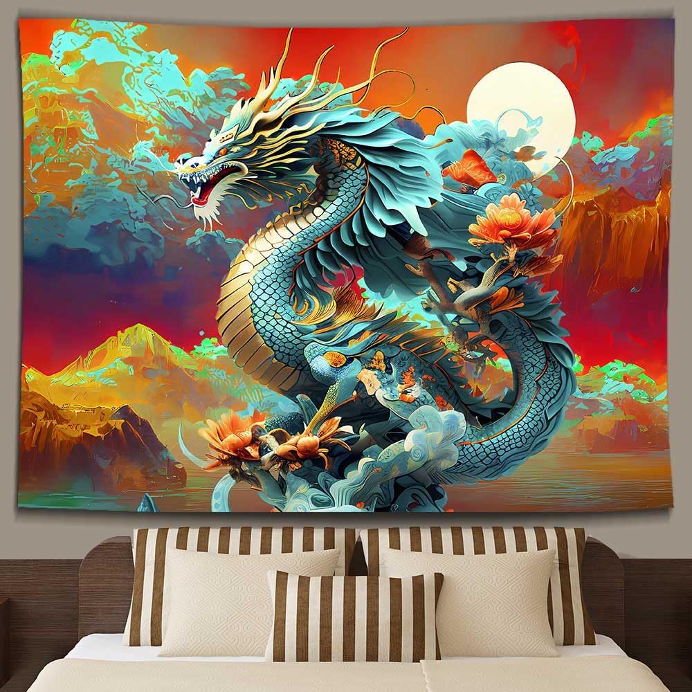 Fantasy Dragon Tapestry, Traditional Blue Chinese Dragon With Flowers And Scenic View Wall Art For Bohemian Aesthetic Decor