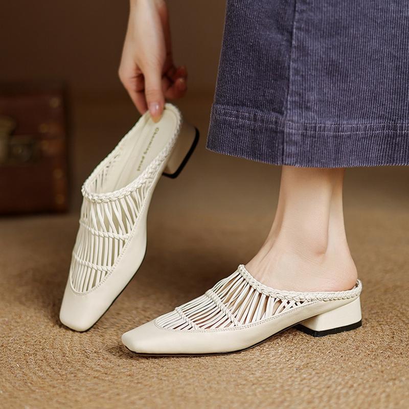 Fashion NEW Summer Women Mules Split Leather Shoes Women Square Toe Chunky Heel Shoes Cover Toe Slingback Sandals Weave Modern Slippers