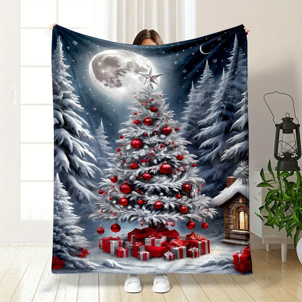 Christmas Tree Moon Snowflake Print Blanket Bedroom Blanket for Livingroom Couch Lunch Break Soft Throw for Friend's Festival Gift