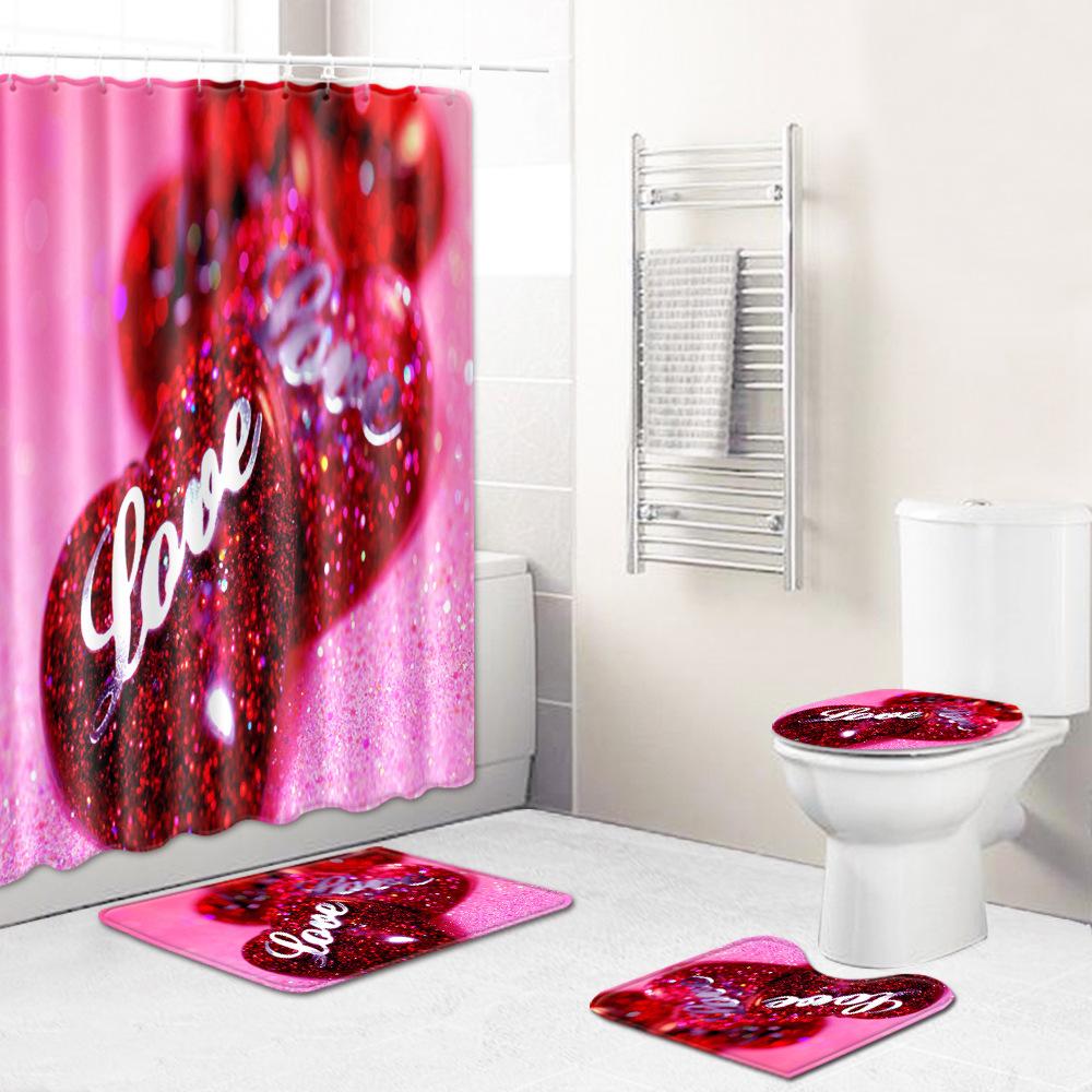 Love Valentine'S Day Shower Curtain Floor Mat Four-Piece Set Bathroom Non-Slip Door Mat Bedroom Carpet