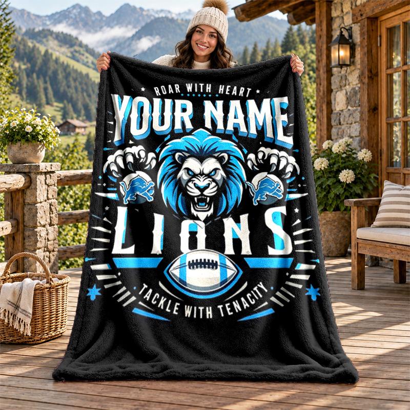 Detroit Lions Custom Name Flannel Blanket Personalized Soft Warm Plush Throw Blanket Customized Gift for Family Friends