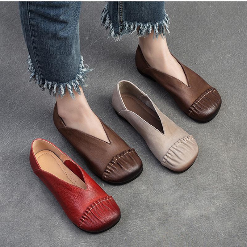 Johnature Zapatos planos retro de cuero genuino con punta redonda, suela suave, zapatos informales sin cordones de Color sólido para mujer