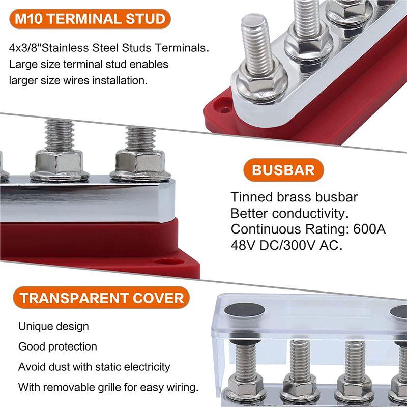 AAAF 600A Bus Bar 4-Stud (3/8 Inch) M10 High Current Copper Busbar Terminal Block Marine DC 12V 24V 48V With Cover