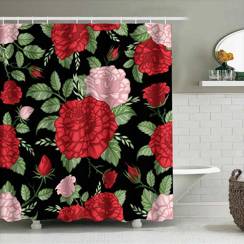 Beautiful Red Roses Flower Bath Shower Curtain Waterproof Washable Printing Decorative Rug Home Decoration (Multicolor)