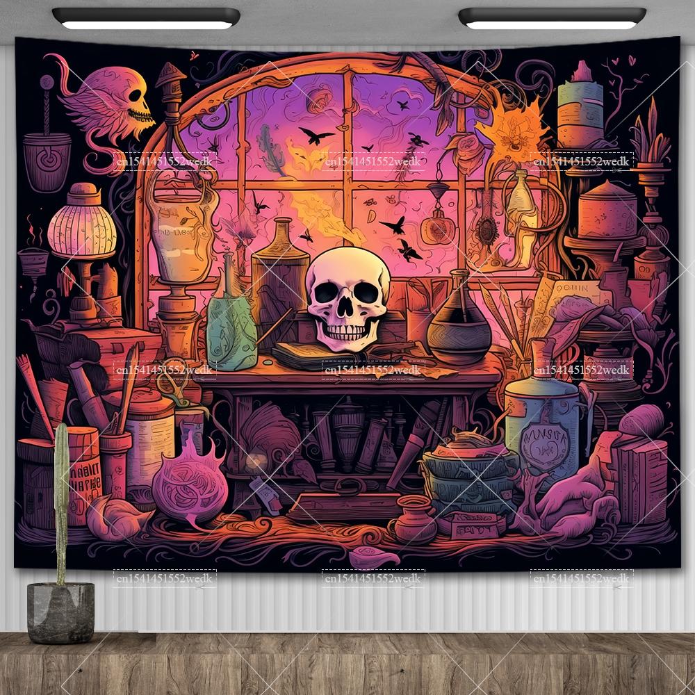 Witch's Library Staircase Tapestry Magic Bookshelf Tapestry Wall Hanging Altar Cloth Aesthetic Room Decor Book Shelves Backdrops
