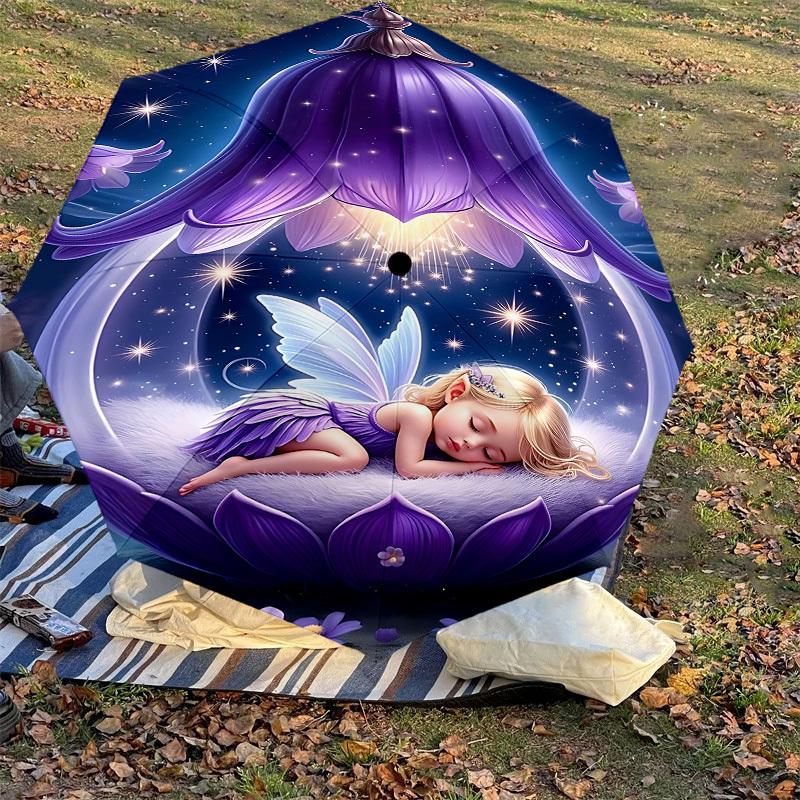 1 Stück Feenblume Automatisches Öffnungs-/Schließschirm mit Winddichtigkeit, Stabiles Dach mit 8 Speichen, Langlebige Speichen, Modisches Design, Outdoor-Accessoire, Lustiger Druck, Hol