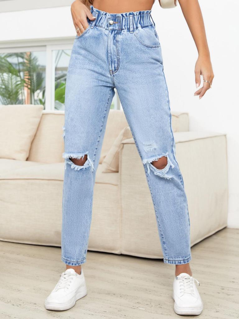 European & American Style Women's Slimming Ripped Straight-Leg Denim Pants