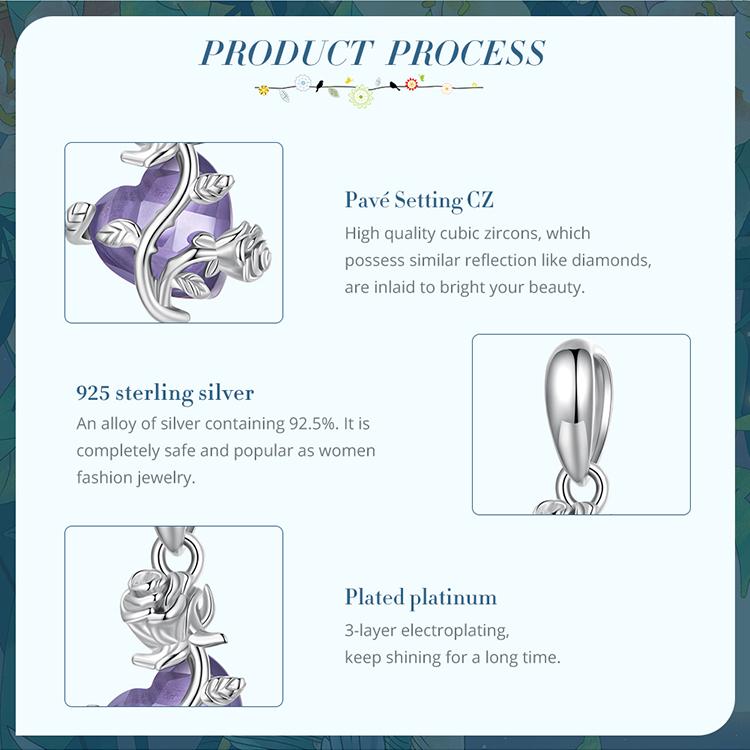 Bamoer 925 Sterling Sølv Romantisk Lilla Zirkon Rose Hengende Anheng Charms passer DIY Lagingsarmbånd & Armring Fint Smykke
