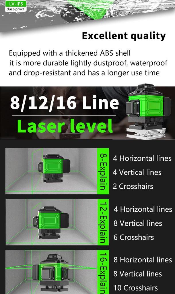 Model A Green Infrared Laser Level with 8/12/16 Lines and Floor/Wall Stickers for Cross-Border Use