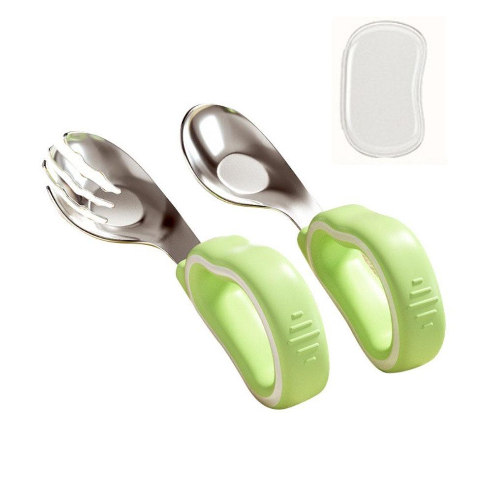 

2Pcs Self Feeding Baby Fork and Spoon Set 316 Stainless Steel Child Tableware Toddler Learn To Eat зелений