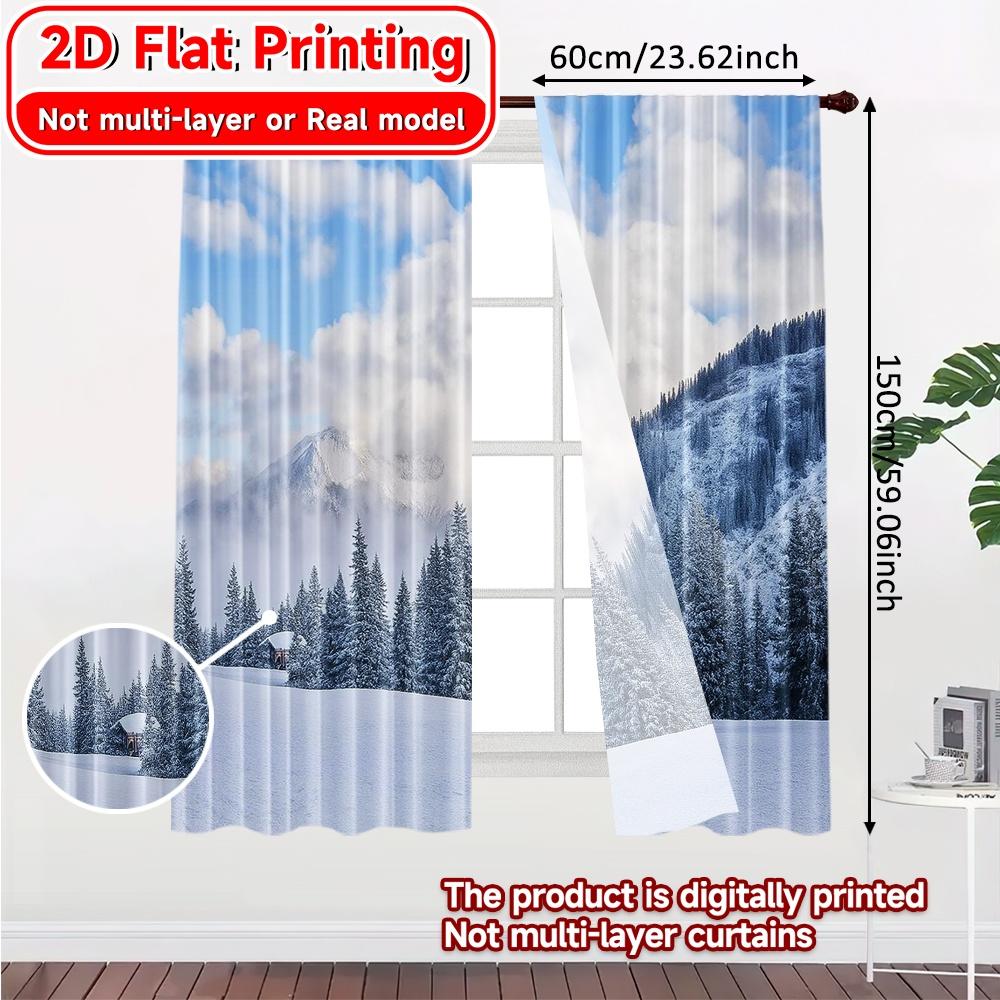 2pcs, 2D FLAT PRINTING Curtains (Without Rod) Snowy Panorama Popular Curtains&Drapes Festival Versatile Fabric Curtains Home