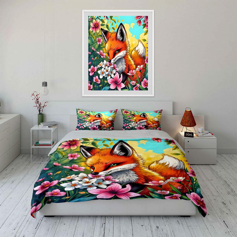 Fox Floral Art Home Decor Soft Comfortable Duvet Cover Bedding Set Included 1*Duvet Cover & 2*Pillowcases, Gift