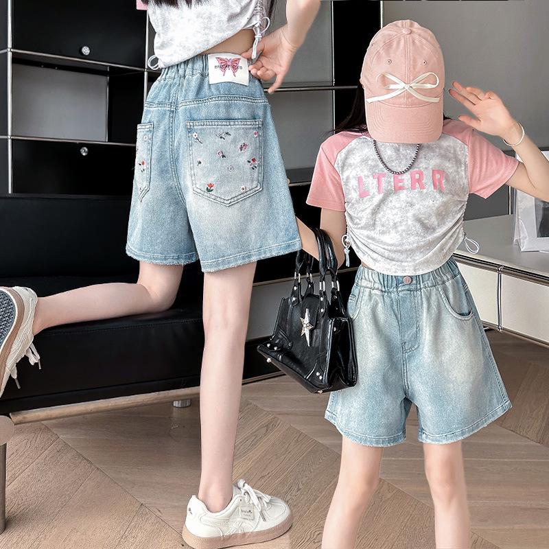 2025 New Girls' Embroidered Denim Summer Shorts: Stylish & Lightweight Five-Point Design for Big Girls
