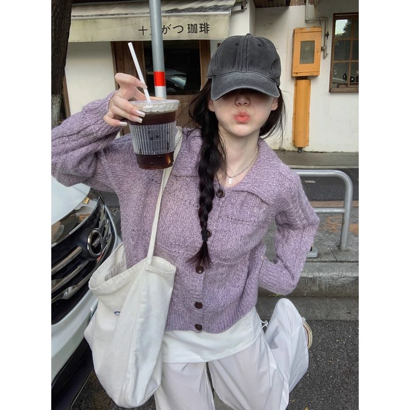 Kumikumi Sweet Style Purple Niche Age-Reducing Temperament Long Sleeve Knit Women Clothes Autumn Loose All-Match Top