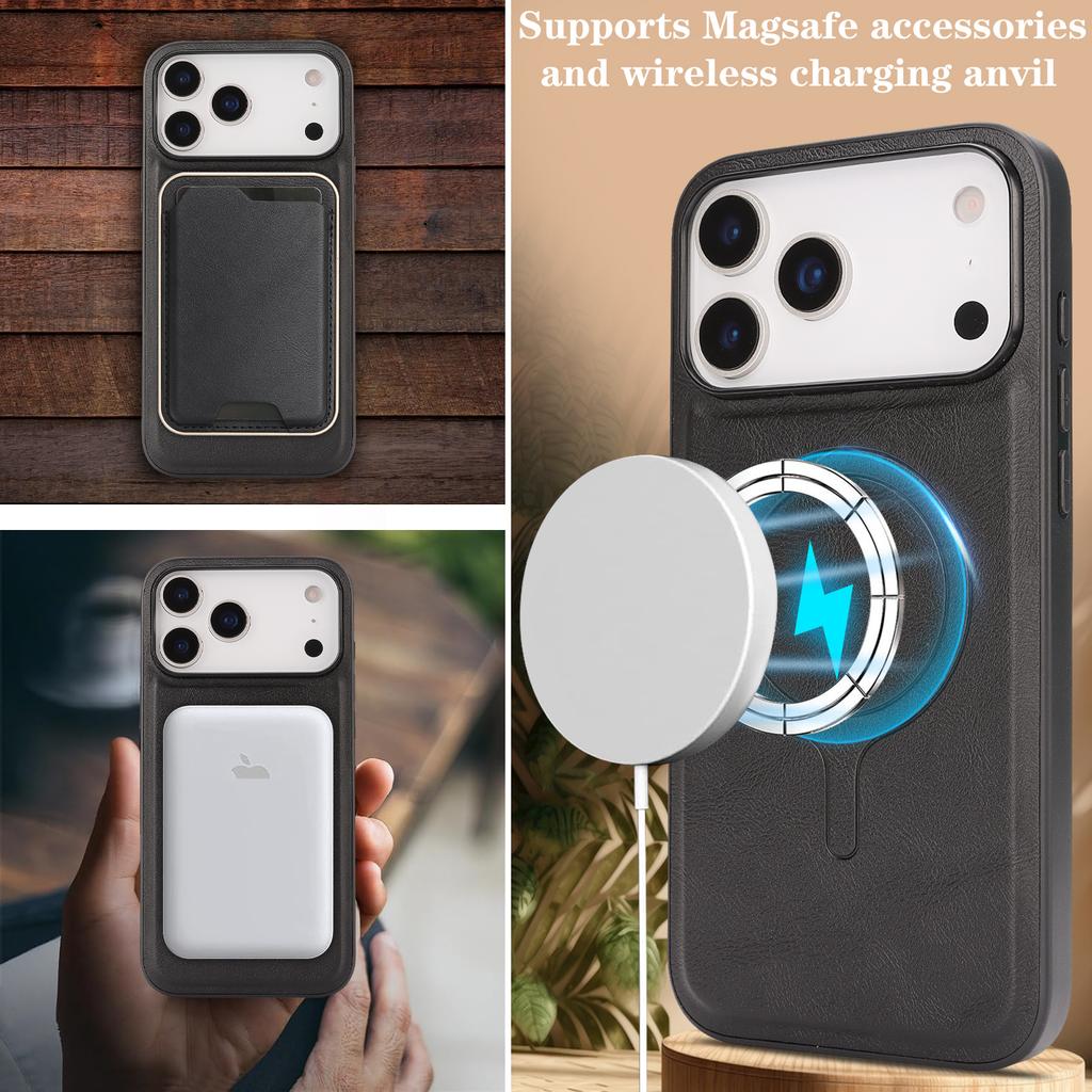 For iPhone 17 Pro Case Compatible with MagSafe Ultra Thin Card Holder PU Leather Coated TPU Cover