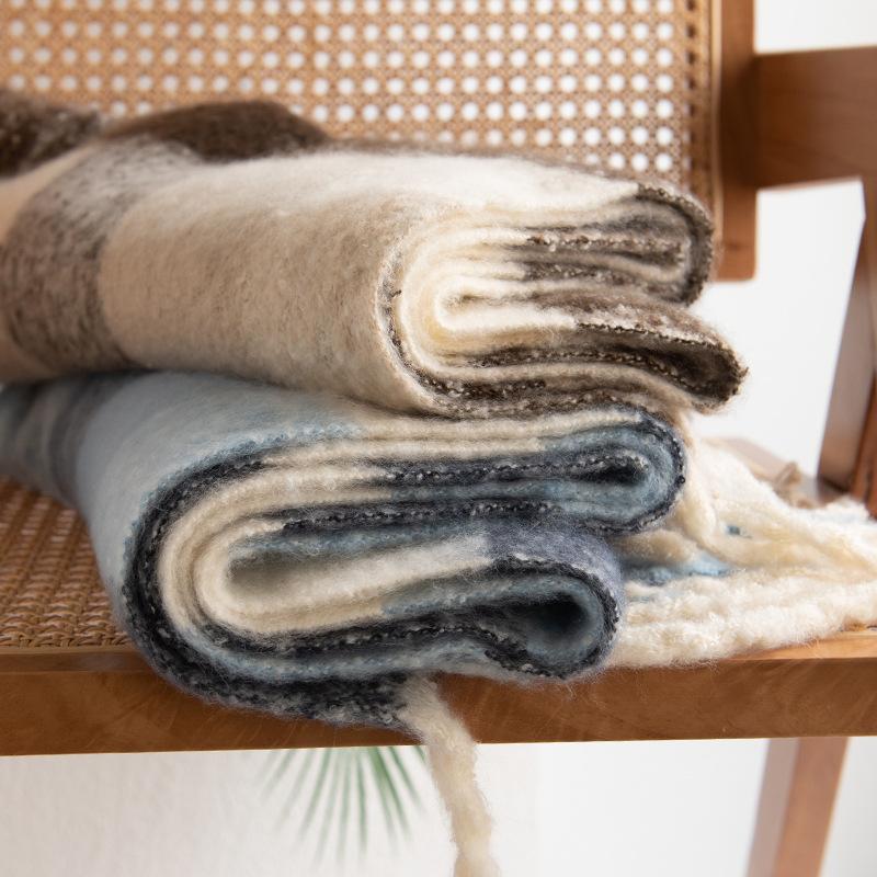 Scarf Thickened In Winter New Style Soft Fluffy Lazy Style Blue Plaid Women's Warm Scarf Student Couple Style