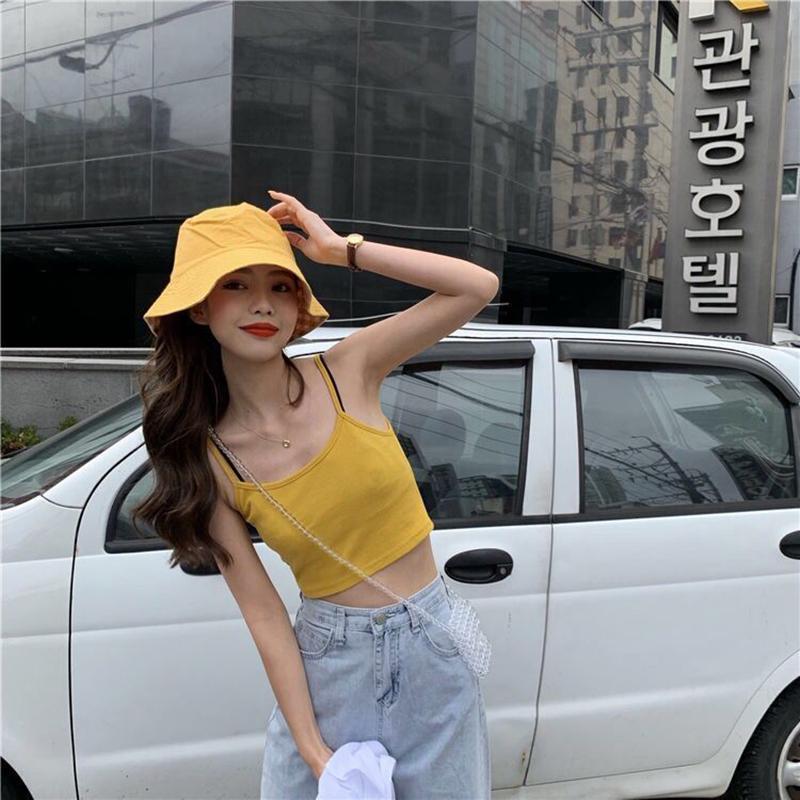 

WTEMPO женские летние укороченные топы без рукавов в корейском стиле, женские однотонные повседневные короткие топы на бретелях с подкладкой, верхняя одежда One Size жёлтый