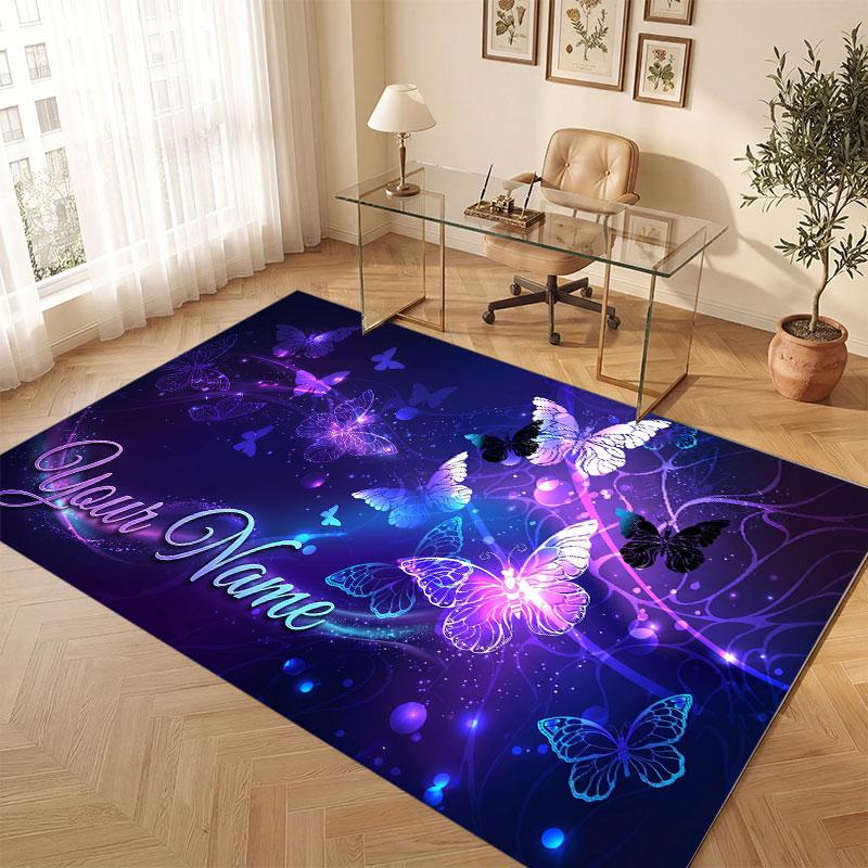 Butterfly Theme Crystal Velvet Floor Rug Personalized Custom Name Text Warm Carpet Home Decoration