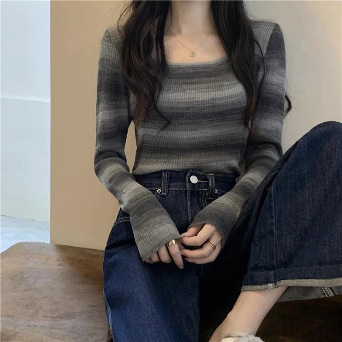 Women's Slim Fit Striped Contrast Long-Sleeve Autumn Sweater