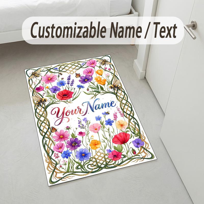 Floral Garden Theme Crystal Velvet Rug Personalized Custom Name Text Soft Floor Mat Home Decor