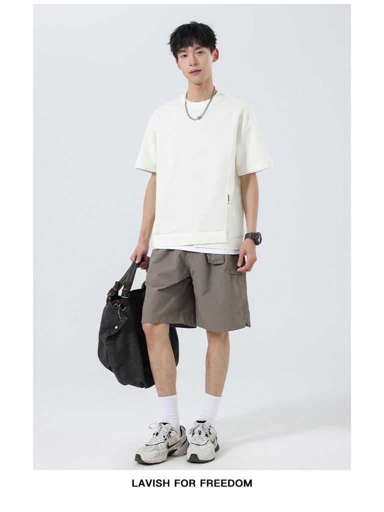 Men's Summer Two-Piece Loose Bamboo Pattern Heavyweight T-Shirt