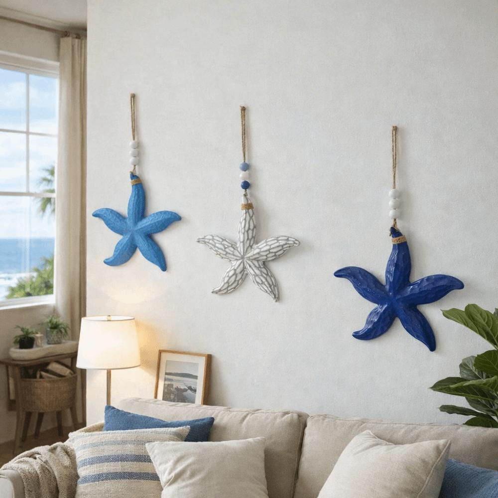 Mediterranean Style Nautical Decor Hanging Ocean Animal Pendants Wooden Starfish Pendants Bedroom