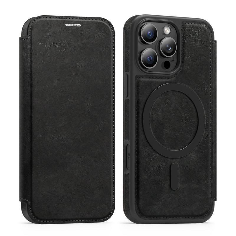 

Роскошный кожаный чехол-книжка с отделением для карт для iPhone 16 Pro Max 15 Pro 14 13 12 11 для Magsafe, ударопрочный чехол-бампер с беспроводной зарядкой и магнитным креплением iPhone 15 чёрный