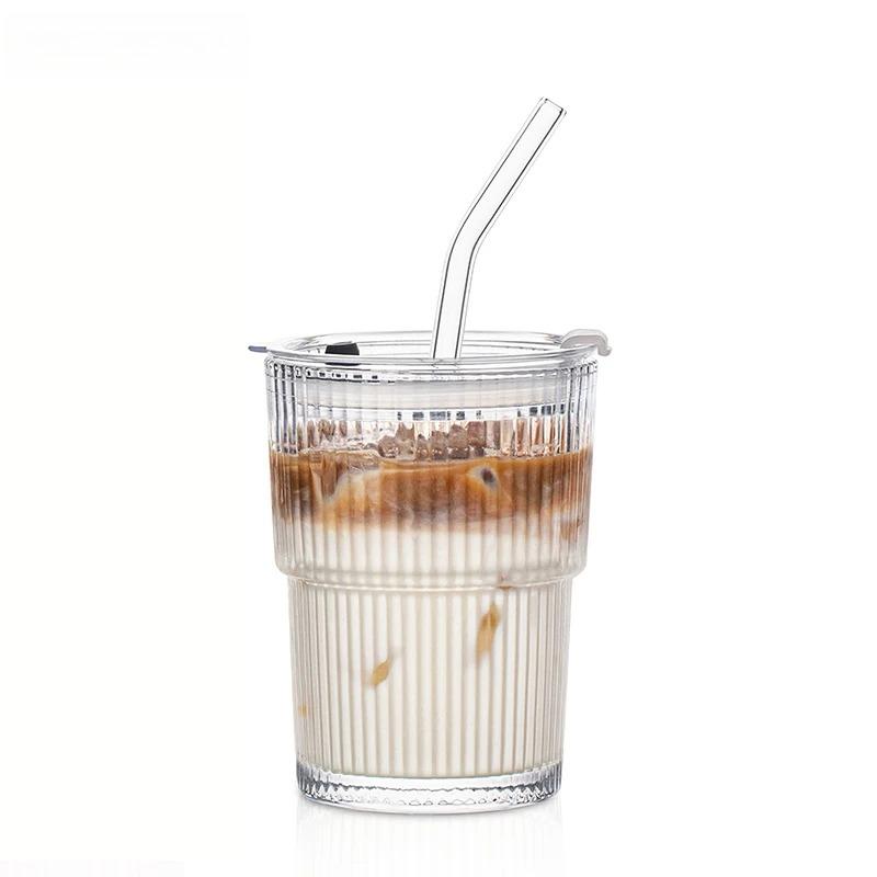 1/2 Pezzi 400ml Bicchiere a Strisce Trasparente Bicchiere da Bevuta con Coperchio e Cannuccia Tazza per Caffè Freddo Tè Bicchiere per Succhi Bicchiere per Latte Acqua