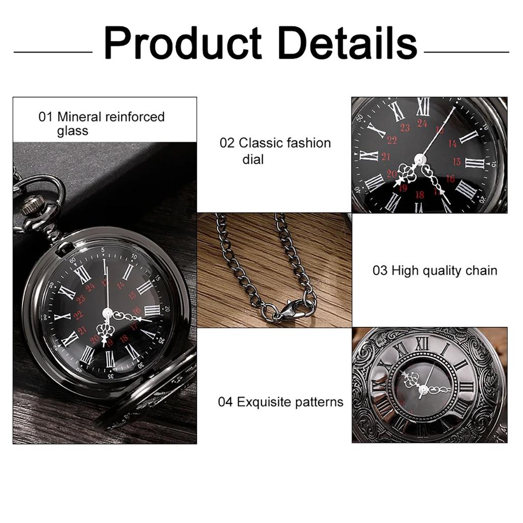 Vintage Charm Black Unisex Fashion Roman Number Quartz Steampunk Pocket Watch Women Man Necklace Pendant with Chain Gift