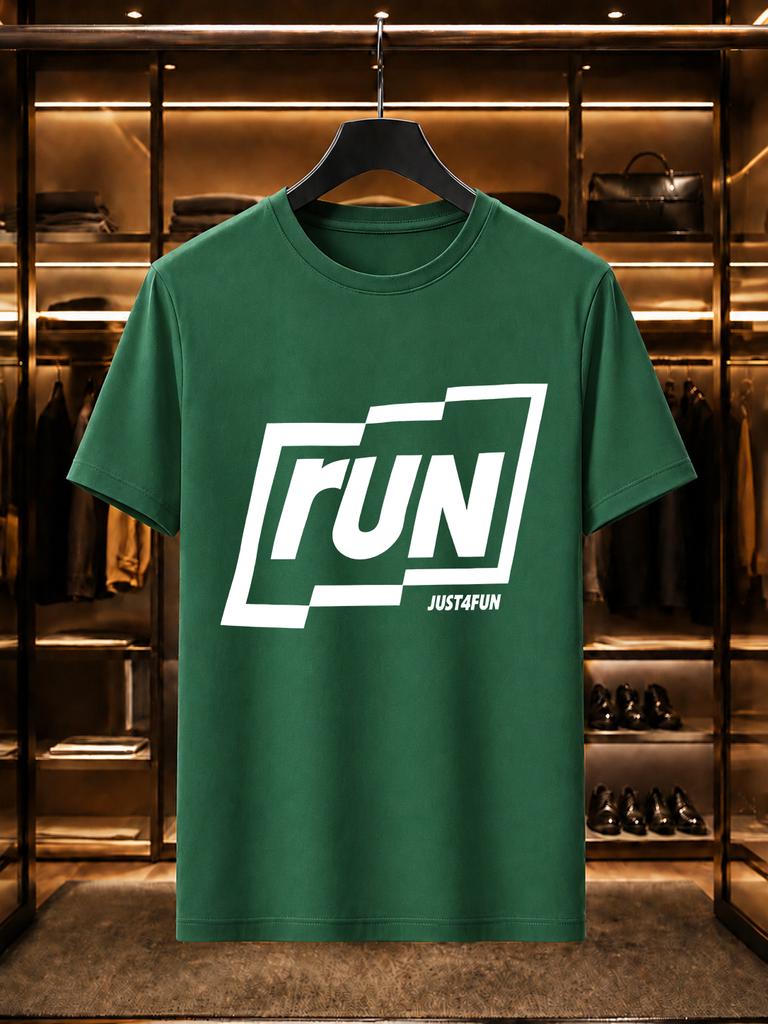 2026 New Arrival 100 Cotton Tshirt Run Irregular Frame Letter With Just4fun Small Text Print Crew Neck Unisex Sports Loose Casual