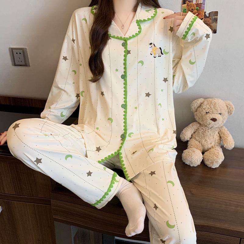 Roter gepunkteter Pyjama Damen High-End Frühling und Herbst Cartoon Muschel bestickter Rand Langarm Loungewear Set