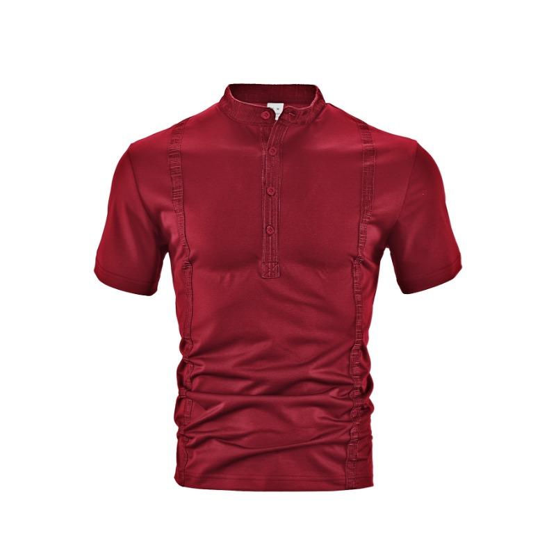 Men Stand Collar Button Placket Short Sleeve Henley T Shirt Slim Fit Casual Top