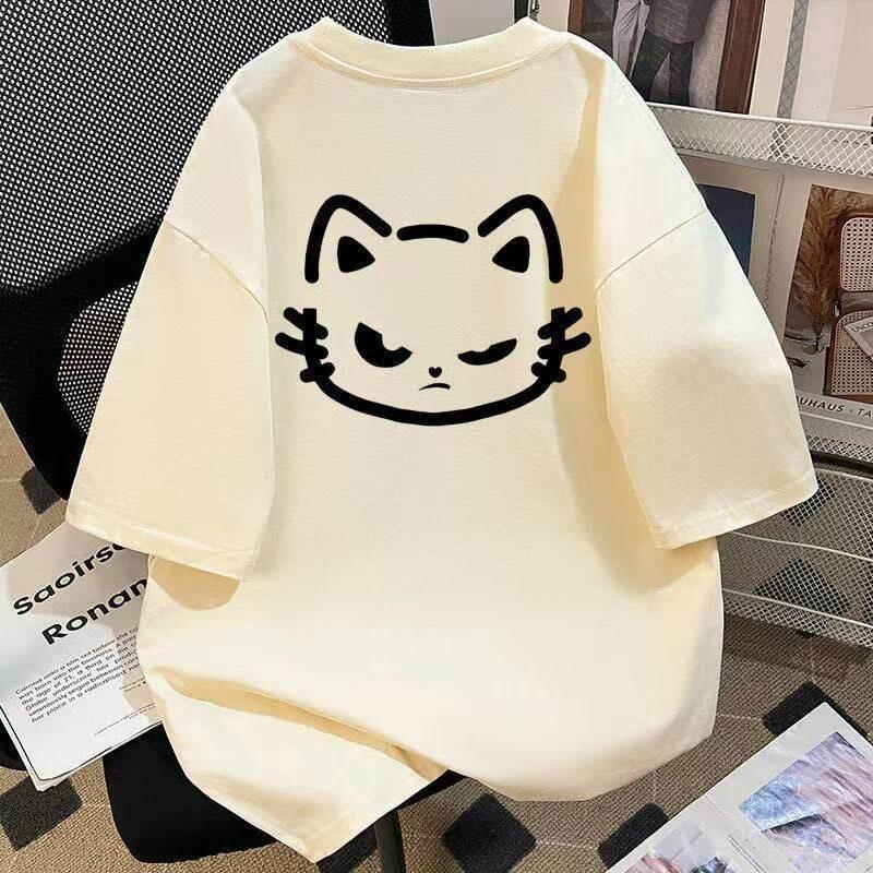 Pure Cotton Korean Vintage Cat Print ShortSleeved TShirt Couple Style Summer Casual Loose Top For Unisex And Unisex