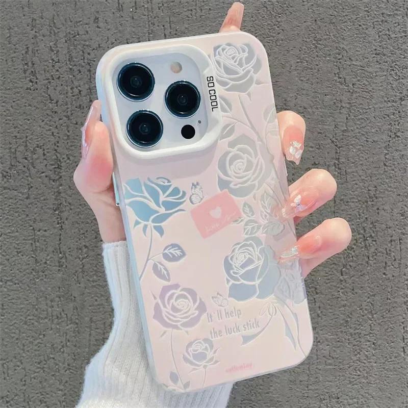 Vintage Rose Laser Silver Phone Case For iphone 15 X XS MAX XR Shockproof Case For iPhone 7 8 Plus 13 12 11 14 pro MAX Cover
