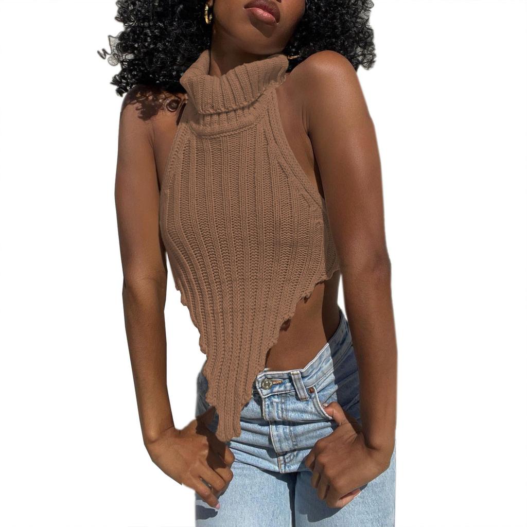 Dámský vlněný pletený top bez rukávů s vysokým výstřihem, nepravidelným střihem a sexy odhalenými zády