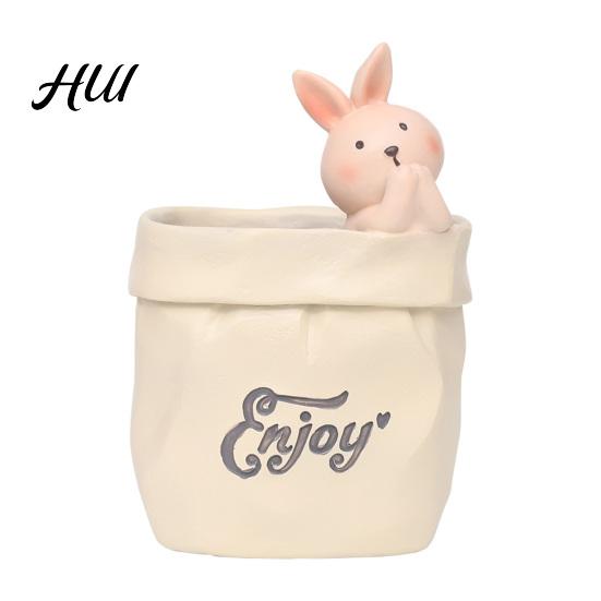 Retro Style Desk Decor Wrinkled Paper Bag Pen Holder with Animal Decor, Resin Soft Atmosphere Organizer & Succulents Planter, Cute Stationery Gift for