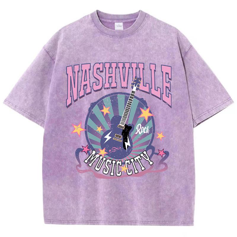 Dame Bomull Vasket T-skjorte Nashville Music City Trykk Kort Erm Sommer Oversize T-skjorte Mote Street Klær