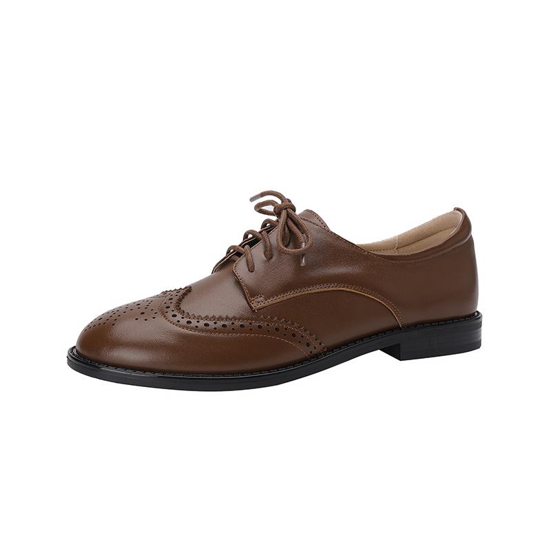 Fashion New Spring 2024 Genuine Leather Loafers Oxford Low Heel Women Shoes Retro Round Toe Pumps Block Leather Shoes Retro Ladies Shoes