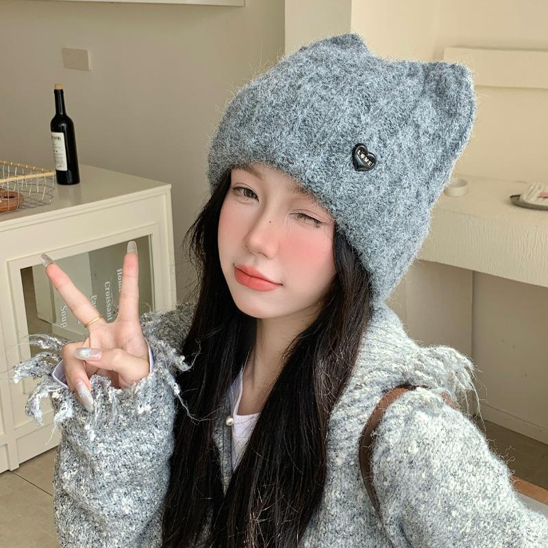 Japanese Cat Ears Sweet and Cute Baotou Hat Autumn and Winter Hat Women's Big Head Circumference Shows Face Small Versatile Knitted Woolen Hat