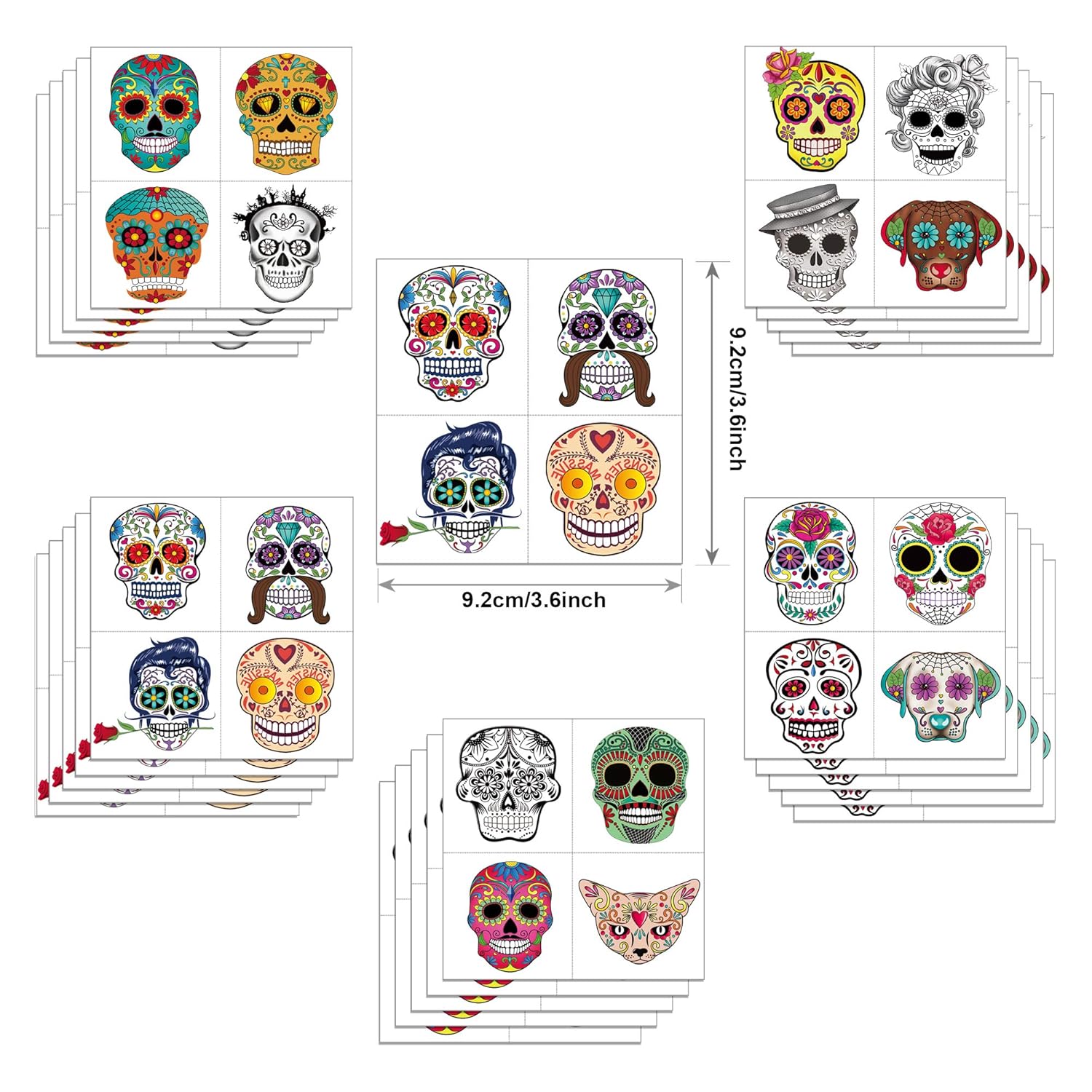 Day of the Dead Sugar Skull Tattoos(100Counts),Konsait Halloween Temporary Face Tattoos Sugar Skull Puppy Black Skeleton Web Red Roses Tattoo for