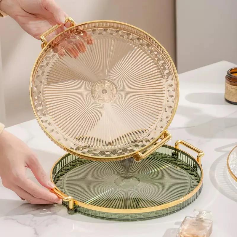 Light Luxury Double-Eared Round Plastic Tray with Gold Edge. Perfect for Displaying Candies&Fruits. Great Home Decoration Piece