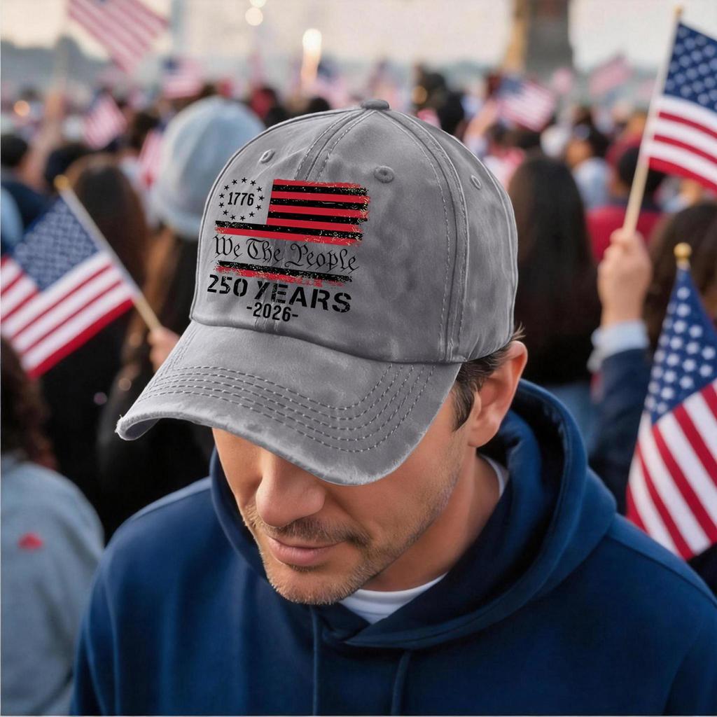 Adjustable Vintage Baseball Cap with Embroidered 1776 We The People 250 Years 2026 Flag Print Distressed Style Hat for Adults