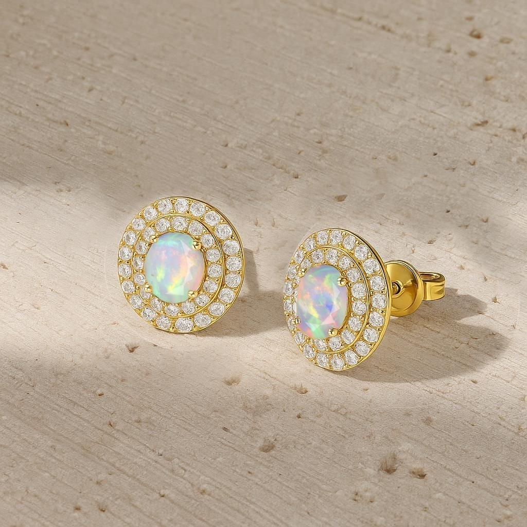 Natural White Opal Gemstone Halo Style Stud Earring, AAA Multifire Opal Gemstone Stud Earring, October Birthstone Earrings, Handmade Gift